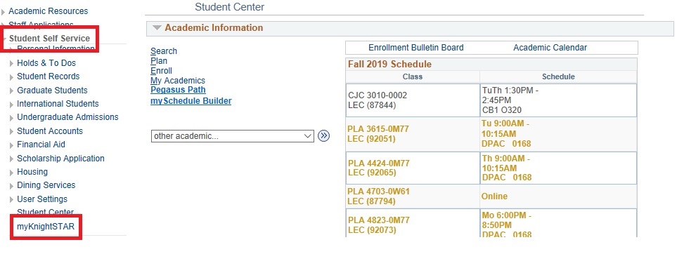 Student Self-Service myKnightSTAR navigation