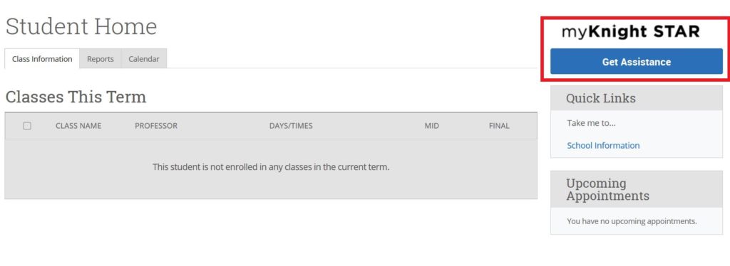 myKnightSTAR Homepage get assistance button in upper right