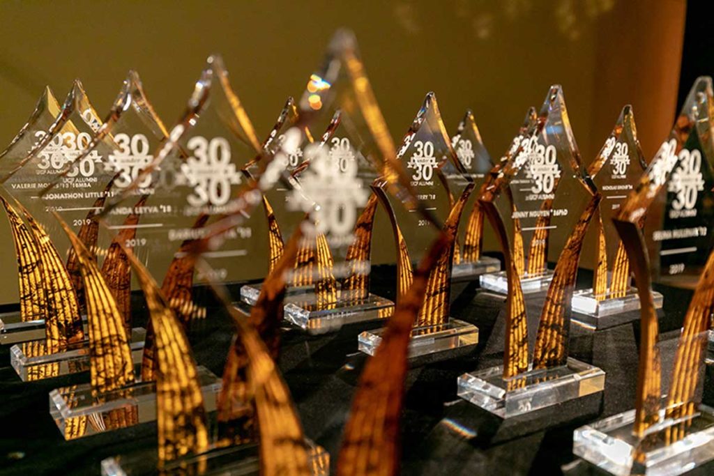 UCF 30 Under 30 crystal awards (photo from 2019, courtesy of UCF Alumni)