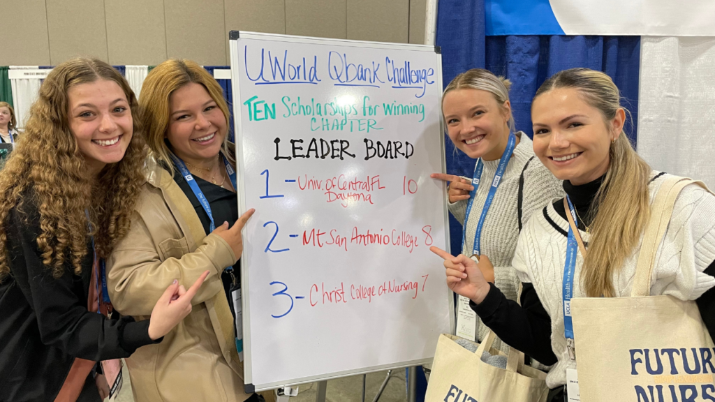 UCF Daytona nursing students pointing to the U-World leader board where they were number one.