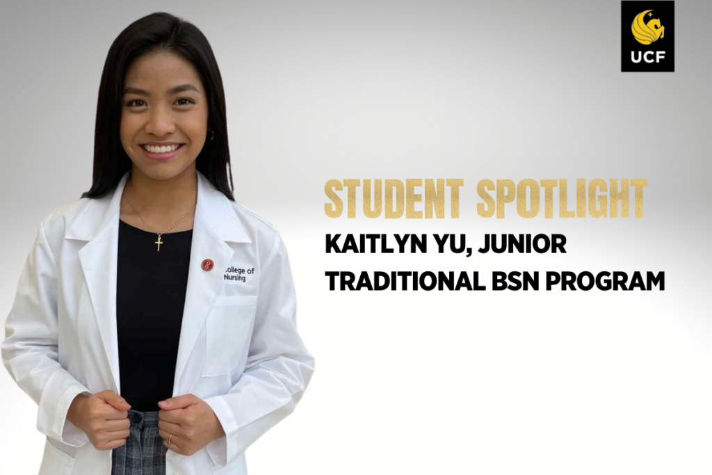 Kaitlyn Yu, a junior nursing student at the University of Central Florida College of Nursing, wearing a white lab coat
