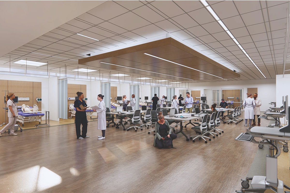 Artistic rendering of a skills learning lab inside the new UCF College of Nursing building
