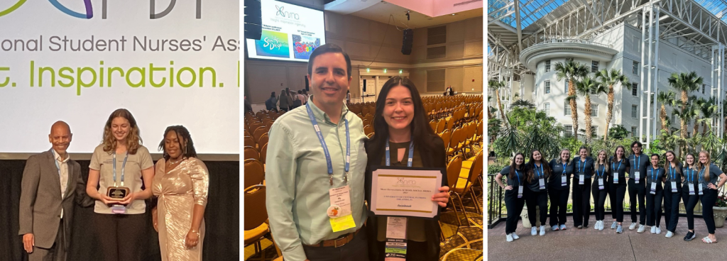 Three photos in a collage. 1 Annaliece Balensiefen receives the Pit Recruiter Award at the National Student Nurses' Association 2023 convention, 2 Angela Frantz receives the Best Social Media Award for SNA at UCF Orlando's Facebook page 3 - SNA at UCF Daytona students at the convention