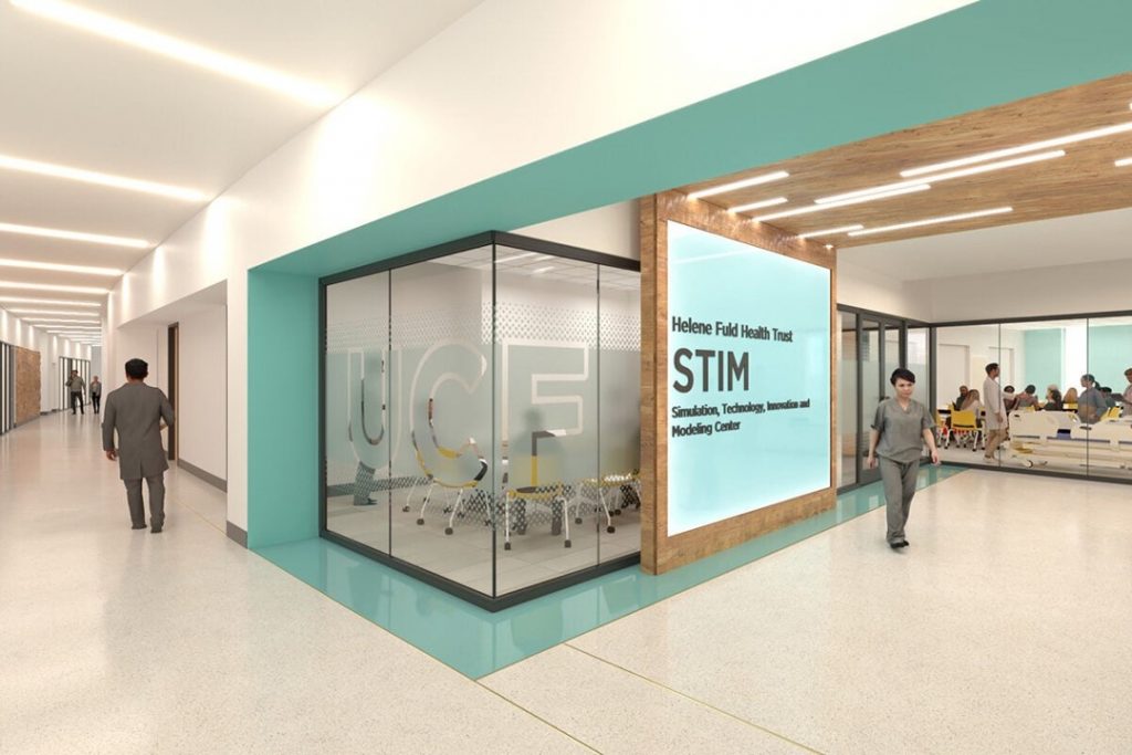 Interior model rendering of the Helene Fuld Health Trust Simulation, Technology, Innovation and Modeling (STIM) Center in the new UCF College of Nursing building at Lake Nona