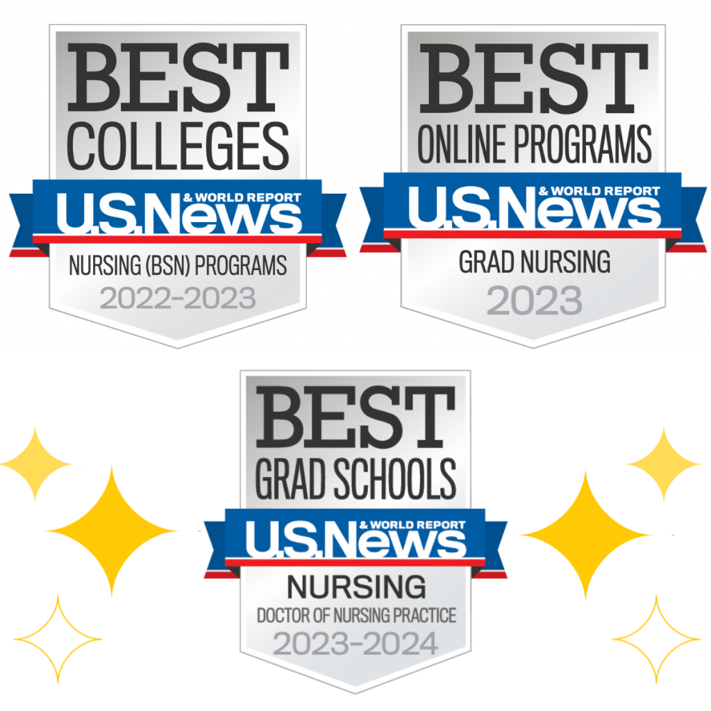 US News 2023 Best badges for Nursing BSN Programs, Grad Nursing, and Doctor of Nursing Practice