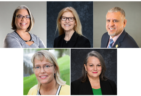 Collage of 2023 promoted UCF College of Nursing faculty, Desiree Diaz, Veronica Decker, Francisco Guido-Sanz, Christine Deatrick, and Dawn Turnage