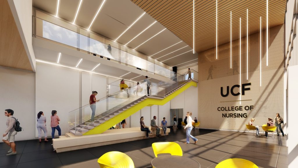 A rendering of the interior north lobby in the future UCF College of Nursing building in Lake Nona.