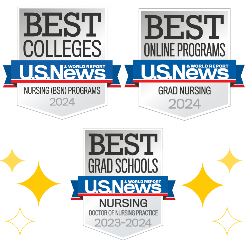 US News 2023 Best badges for Nursing BSN Programs, Grad Nursing, and Doctor of Nursing Practice