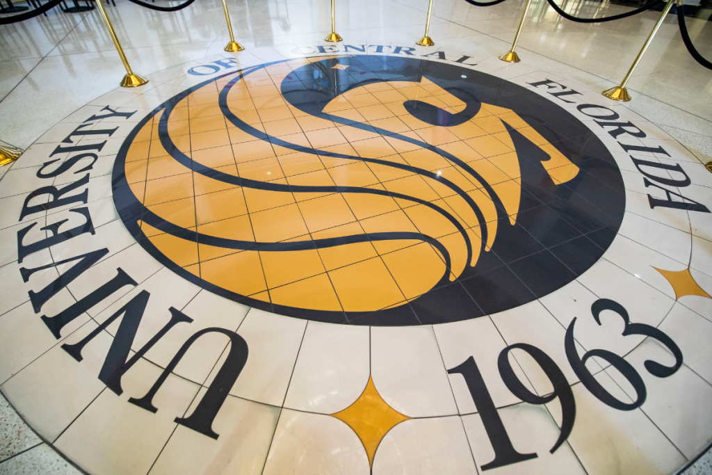 UCF Pegasus seal on the floor of the student union building