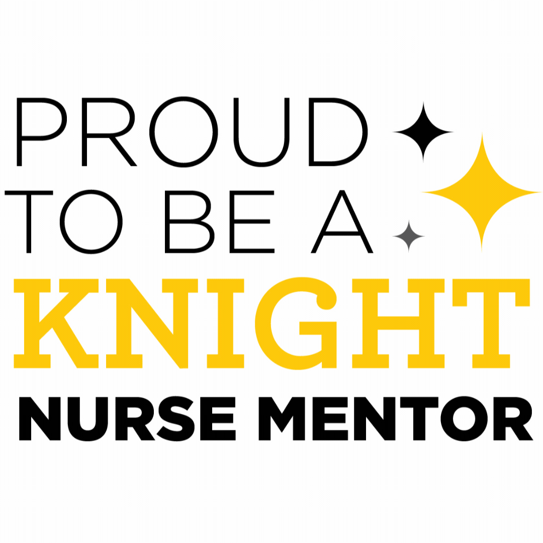 Proud to be a Knight Nurse Mentor and Mentee animated graphic with four-point stars in yellow, black and gray
