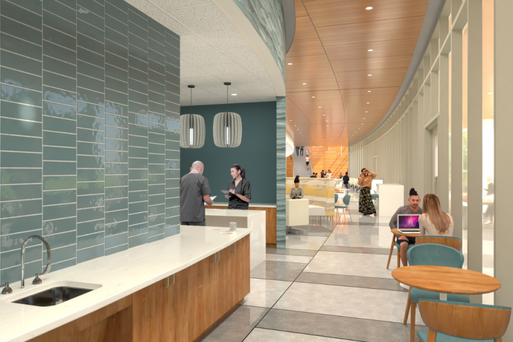 Rendering of the study cafe inside the new Dr. Phillips Nursing Pavilion on UCF's Academic Health Sciences Campus in Lake Nona, Florida