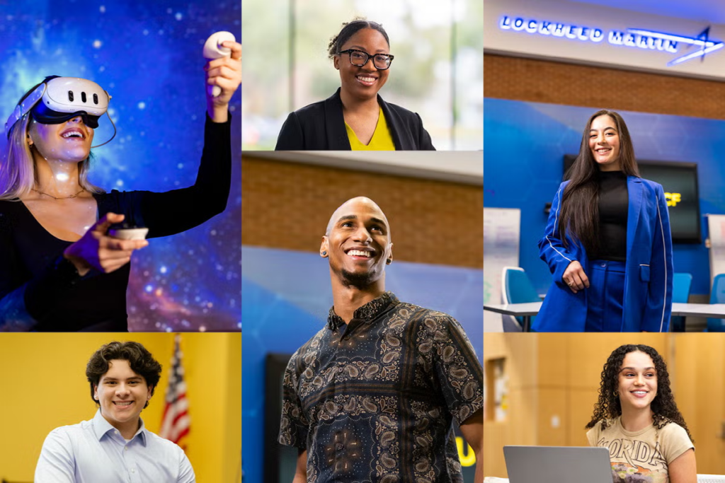 A collage of UCF students posing for photos, working on laptops and using a VR headset