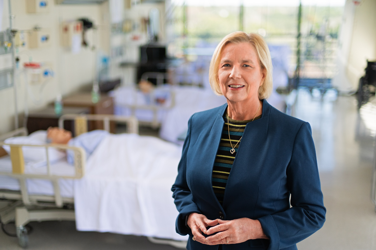 UCF College of Nursing Dean Mary Lou Sole inside a student learning lab at the STIM Center.