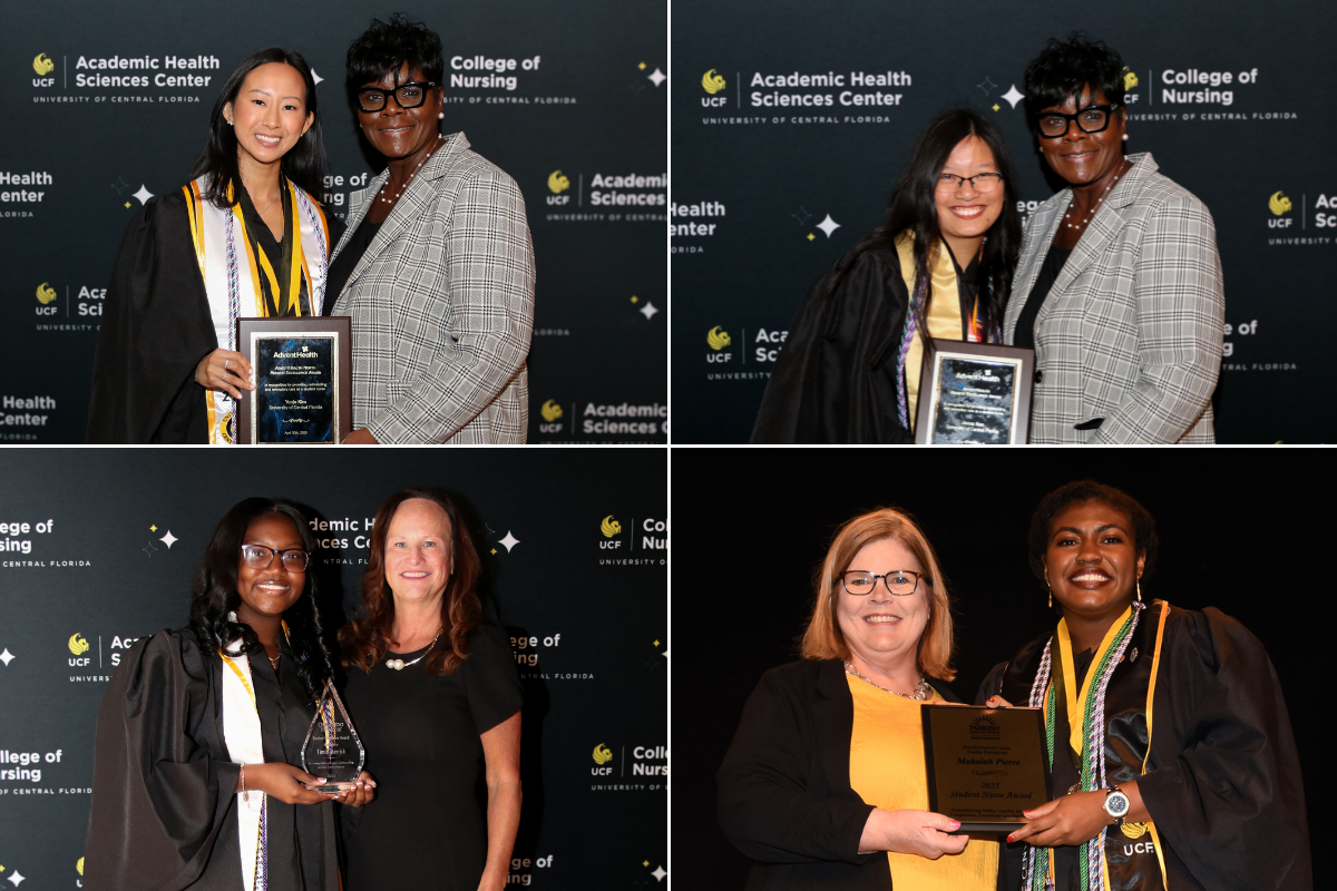 Collage of four Spring 2025 UCF College of Nursing graduates holding awards with hospital partners: Ruth Kim and Ms. Margaret Refour, Assistant Chief Nursing Officer at AdventHealth Daytona Beach; Jenna Koo and Ms. Margaret Refour; Timia Merrick and Ms. Tina Santos, Chief Nursing Officer at Orlando Regional Medical Center; and
Makalah Pierre with Ms. Lisa Dickerson, Vice President, and Chief Nursing Officer at Parrish Health.