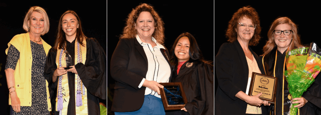 Collage of 3 photos of UCF nursing student award winners each holding a plaque and standing next to hospital partner representative.