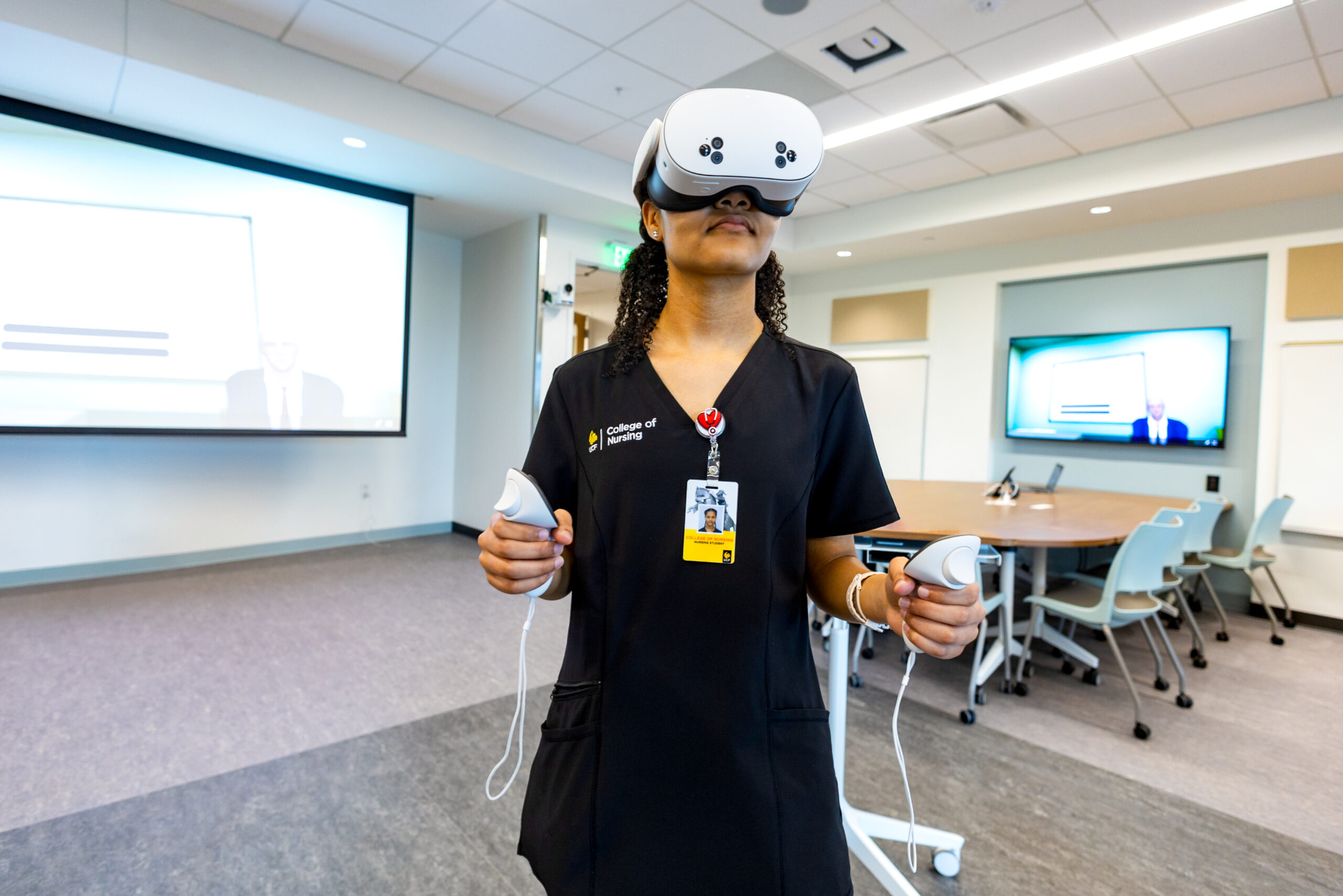 A student using a virtual reality headset