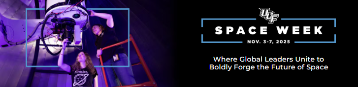 SpaceU Week, November 3 - 7, 2025 where global leaders unite to boldly forge the future of space. On the left shows two students from CREOL working with wires.