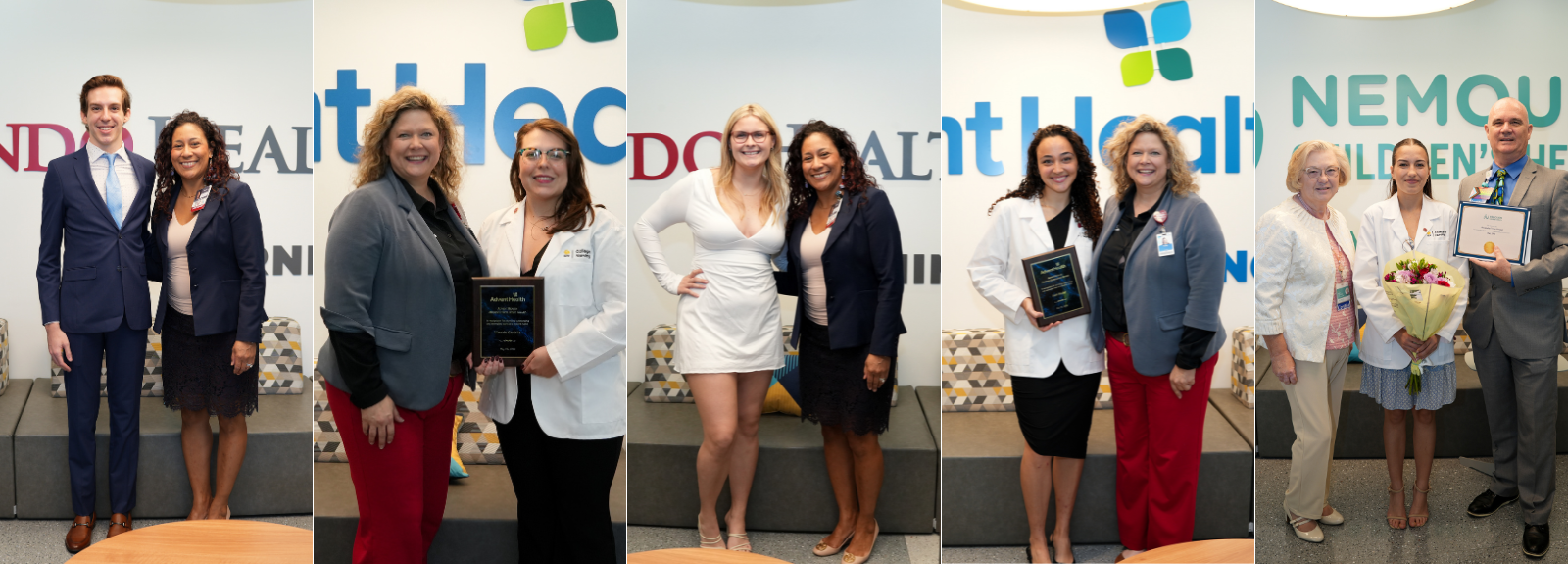Awardees Landon Campbell, Victoria Cardello, Kylie Deckard, Leah Khalaf, and Alexandra Urzua-Geraud posing in front of their hospitals.