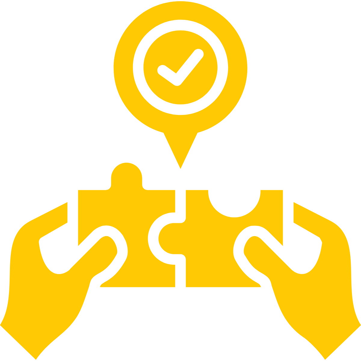 Two hands matching puzzle pieces together with a checkmark above it.