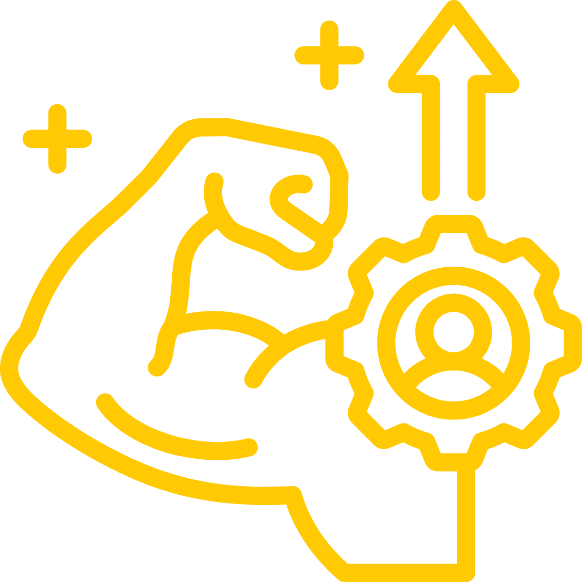 A muscular arm with a gear icon
