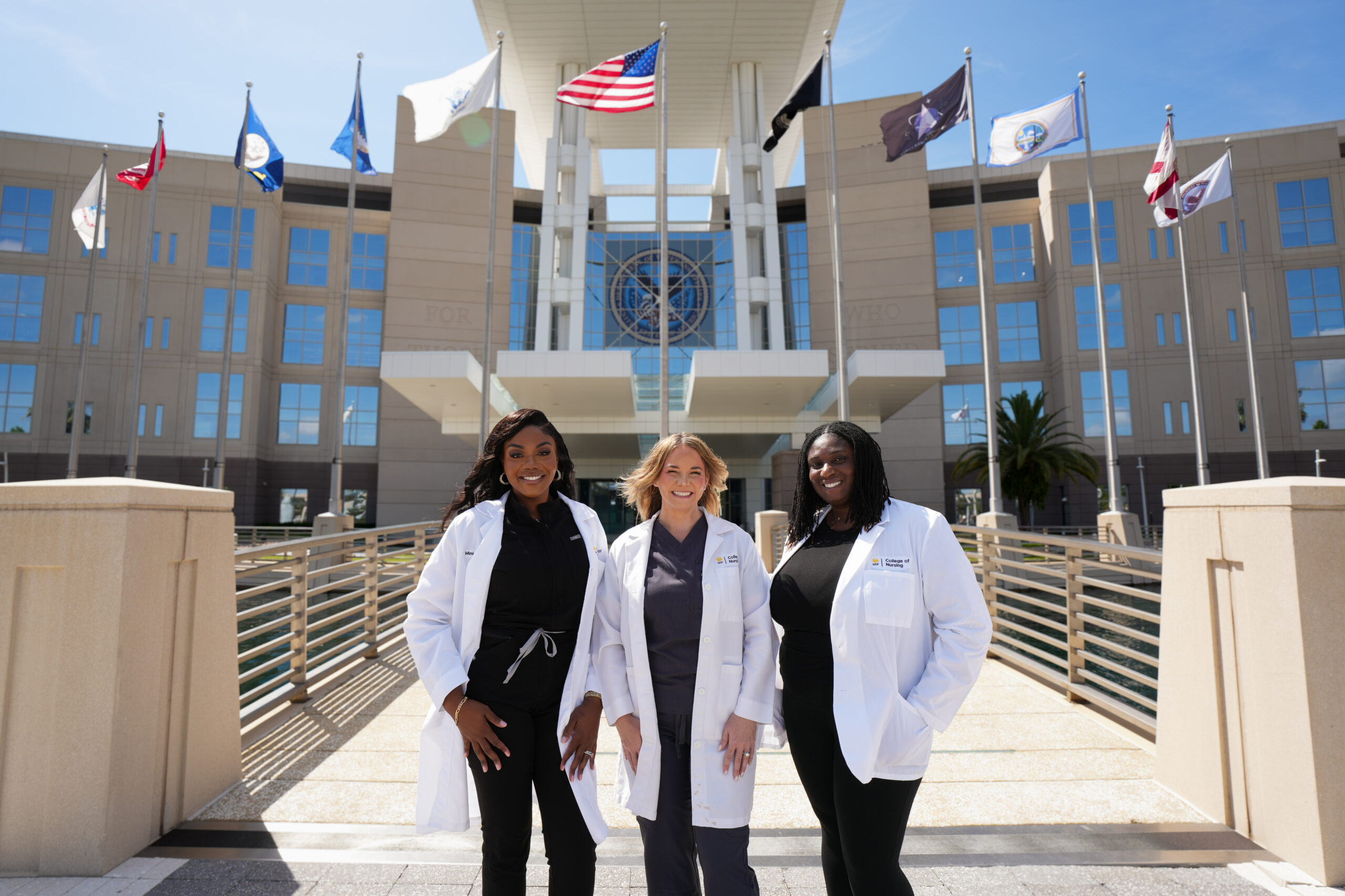 Three Knight nurses were selected for the Orlando Veterans Affairs (VA) primary care nurse practitioner residency. They are (left to right): Mimi Alliance ’22, Melissa Fajardo ’11 ’23 and Nancy Saintil ’10MSN ’25DNP.